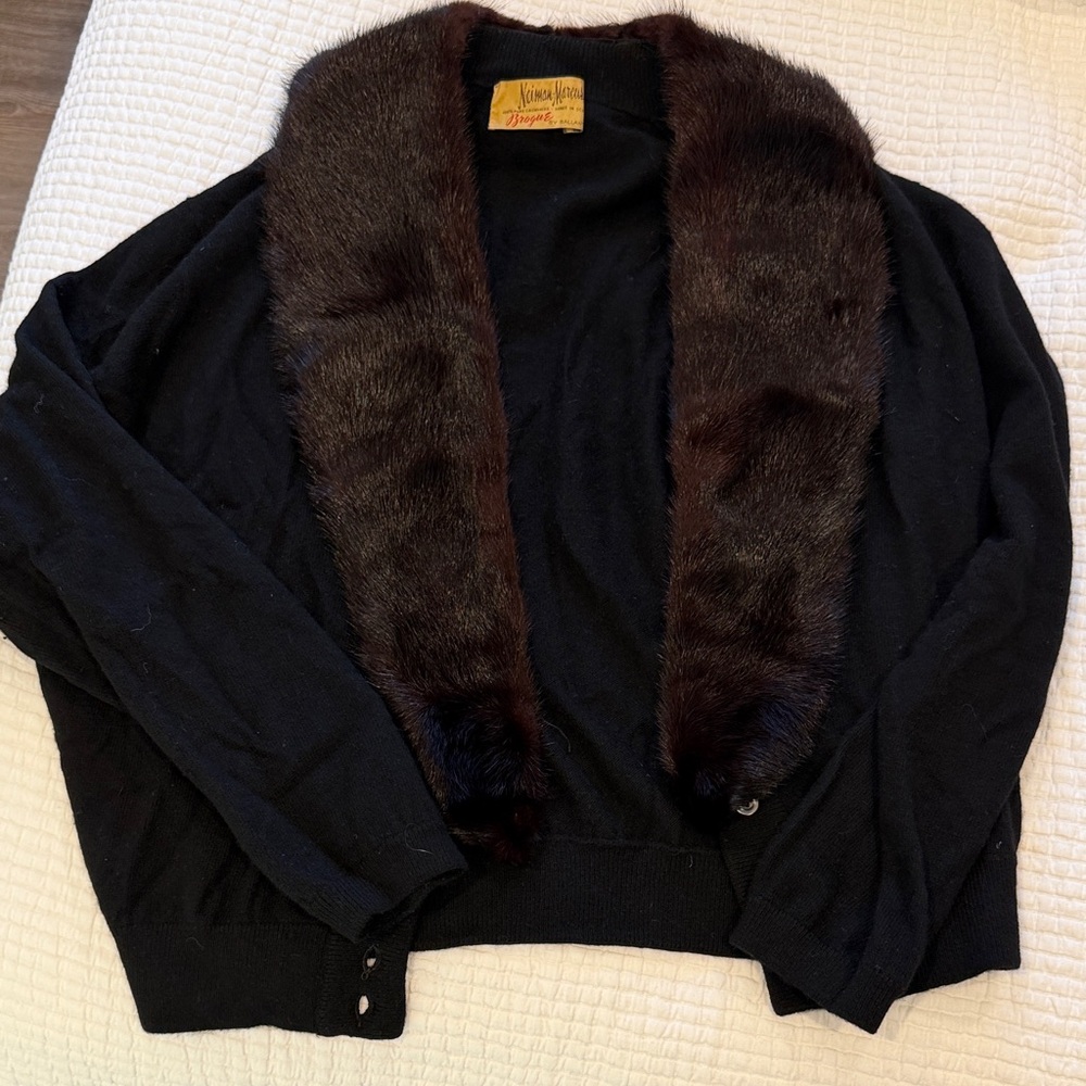 Vintage Neiman Marcus Cashmere Cardigan with Brown Fur Collar